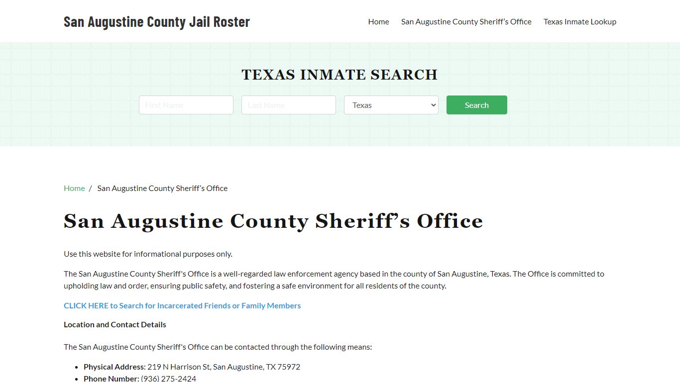 San Augustine County Sheriff Office, TX, Arrest Warrants Search